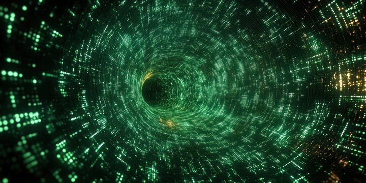 abstract digital tunnel formed by glowing green matrix-like code patterns creating a futuristic cyber vortex effect