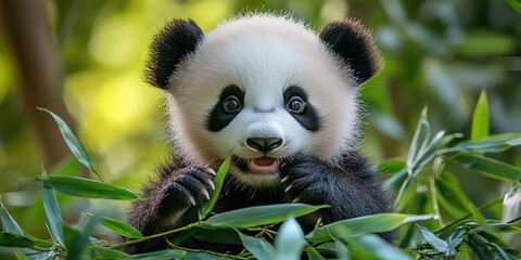 Obraz premium Cute baby panda sitting among green bamboo plants with a curious and happy expression in a natural forest environment