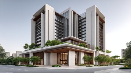 Obraz premium Mixed-use office tower with residential-style balconies and a retail space on the ground floor