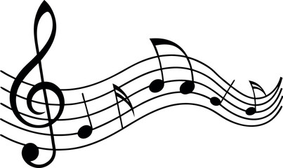 Black treble clef and musical notes on white background