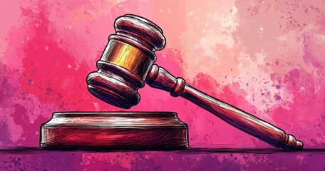 Wooden gavel rests on block against vibrant pink and purple background, symbolizing justice and authority. artistic illustration conveys sense of fairness and decision making