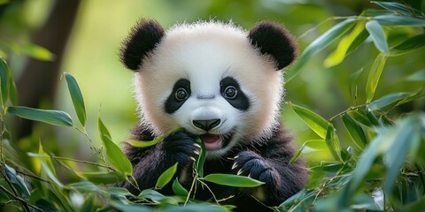 Obraz premium adorable baby panda chewing on green bamboo leaves surrounded by lush foliage in natural habitat