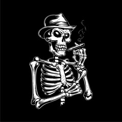 A stylized skeleton in a fedora smoking a cigar, a graphic design.