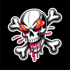 A stylized skull graphic with dripping blood and angry expression, set against a black background.