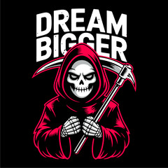 Grim reaper illustration, red robe, scythe, motivational text 