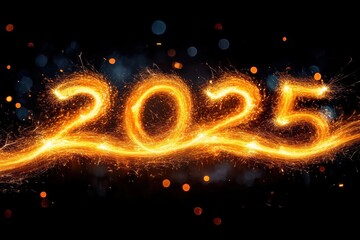 Glowing bright golden sparkler lights forming the numbers 2025 with dynamic sparks against a dark background evoking excitement and celebration