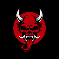 A stylized illustration of a demonic skull with horns, set against a red circle on a black background.