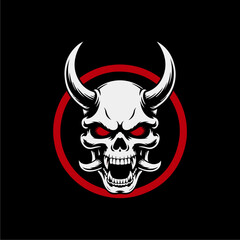 A fierce, white skull with horns and glowing red eyes, encircled by a bold red ring, against a black background.
