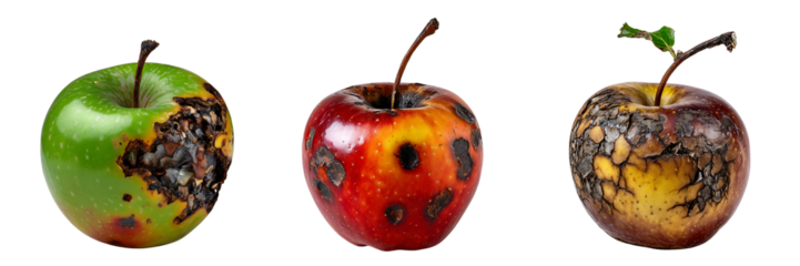 Set of Decaying Apples in Various Stages of Spoilage, Isolated on Transparent Background.