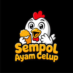 Cute cartoon chicken logo holding fried food, promoting a chicken dish.