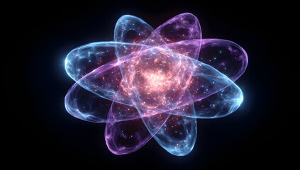 Abstract glowing atom structure with purple and blue energy waves on dark background