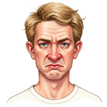 Unhappy young blond man illustration, disgusted facial expression, portrait showing disappointment or sadness, male character headshot isolated.
