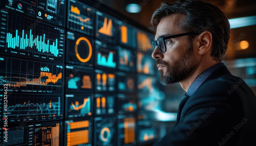 Aufkleber focused businessman analyzing multiple digital screens filled with colorful graphs, charts, and data