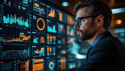 Focused businessman analyzing multiple digital screens filled with colorful graphs, charts, and data visualizations in a modern office setting