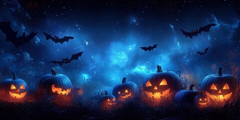 Glowing carved pumpkins with spooky faces in a dark field at night with flying bats under a starry blue sky evoking a mysterious Halloween atmosphere