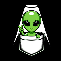 Cartoon alien in a pocket, making a peace sign, illuminated by a spotlight. © Arrhman