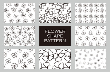 8種類の手描きの花のシームレスパターンのセット　モノクロ