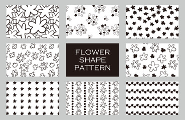 8種類の手描きの花のシームレスパターンのセット　モノクロ