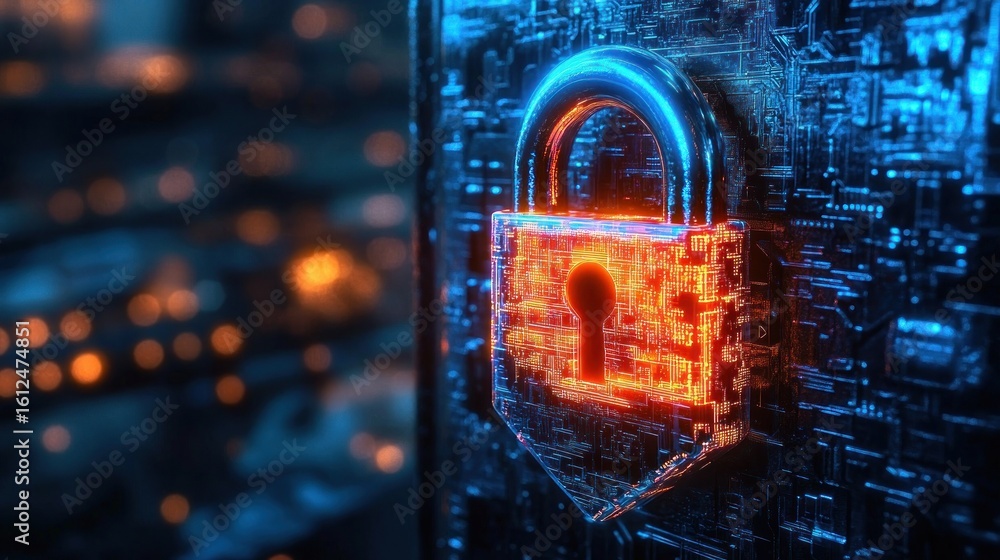 Poster digital glowing padlock representing cybersecurity with intricate circuit board background in blue a