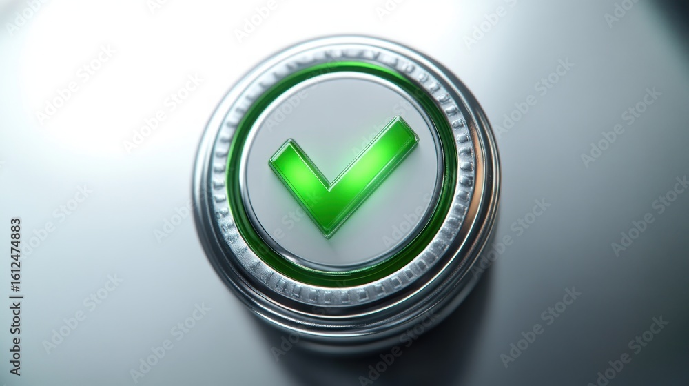 Poster close-up of a metallic round button with a glowing green check mark symbol indicating approval or co