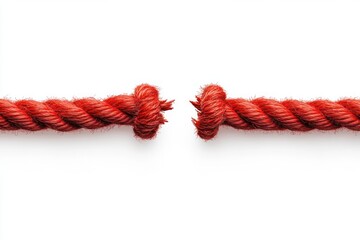 Close-up of a thick red rope fraying and nearly breaking in the middle against a white background conveying tension and fragility