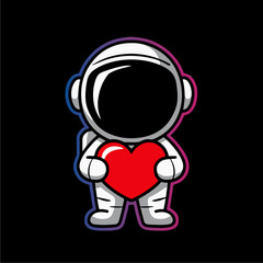 Adorable cartoon astronaut gently holding a large red heart.