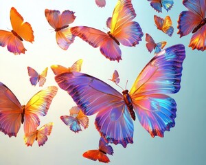 Fototapeta premium A vibrant swarm of large colorful butterflies with translucent wings shimmer in iridescent hues of orange, pink, purple, and blue against a soft gradient sky background