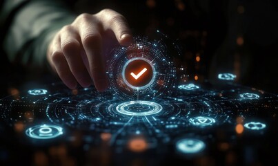 Hand interacting with a futuristic glowing holographic interface featuring a central checkmark symbol and multiple circular digital icons in a dark environment