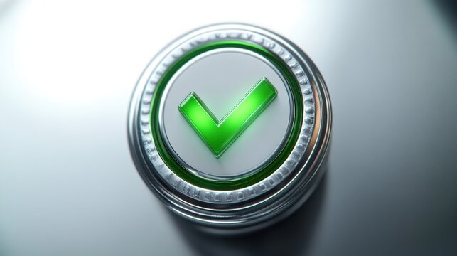 Close-up of a metallic round button with a glowing green check mark symbol indicating approval or confirmation on a smooth reflective surface