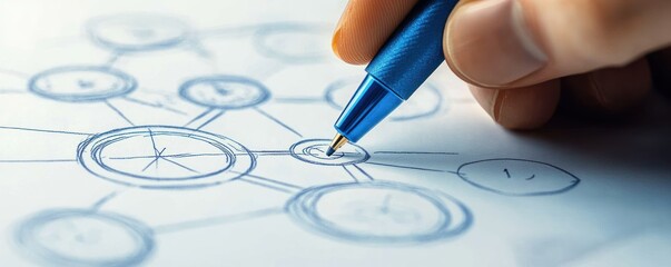 Close-up of hand holding blue pen drawing interconnected circles and diagrams on white paper with blurred background