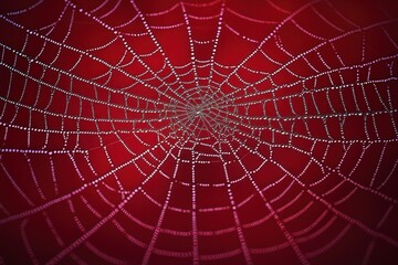 Obraz premium Close-up of a spider web covered with glistening water droplets against a deep red background, showing intricate symmetrical patterns and sparkling effect