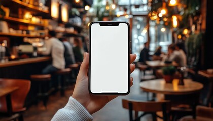 Hand holding smartphone with blank screen in cozy busy café with warm lighting and people socializing and working in background