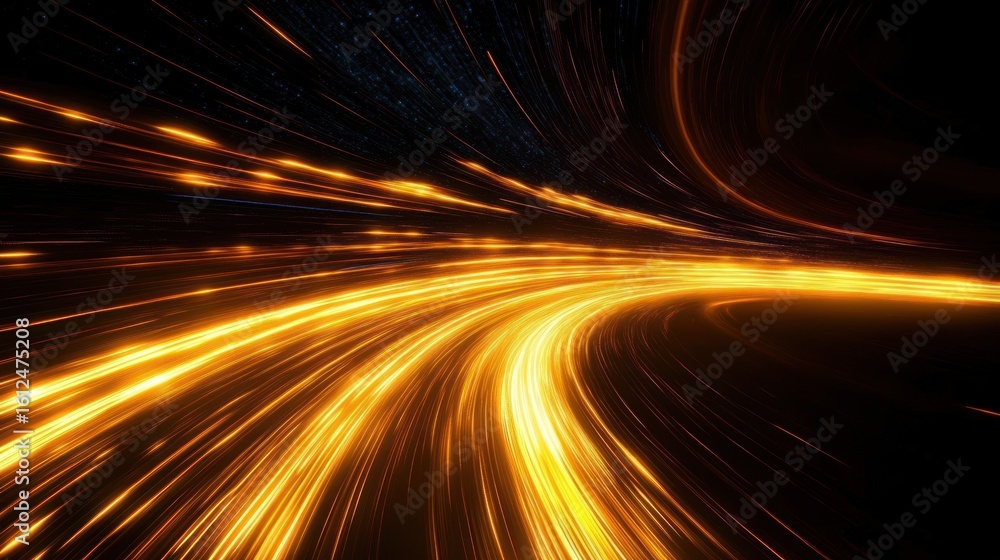 Poster dynamic vibrant golden light trails curving through dark space creating a sense of speed and futuris