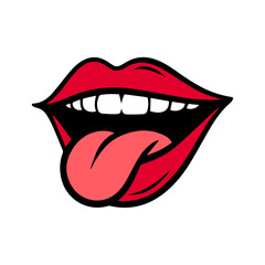 Cartoon illustration of a mouth with a sticking out tongue.