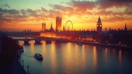 sunset view of a river with boats passing under a historic bridge with illuminated gothic buildings and a large Ferris wheel in the background