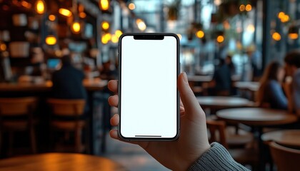 Hand holding smartphone with blank screen in cozy blurred cafe interior with warm lighting and people sitting at tables