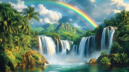 Lush tropical landscape with multiple cascading waterfalls surrounded by dense green foliage, towering palm trees, dramatic clouds, and a vibrant rainbow arching overhead