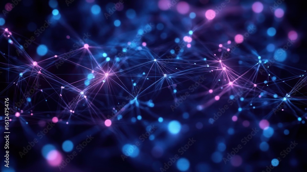 Poster abstract representation of a network with interconnected glowing nodes and lines in blue and pink hu