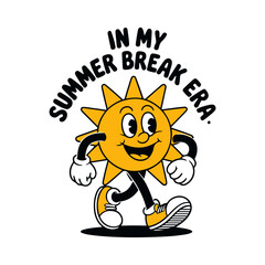 A cheerful cartoon sun strolls, embodying the carefree spirit of summer break.