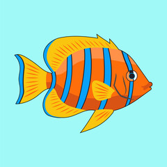 Illustration of a tropical fish with orange body, blue stripes, and yellow fins on a light blue background