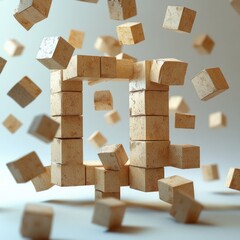 three-dimensional arrangement of beige cubes forming an incomplete rectangular frame with many cubes floating and scattered around in a light background