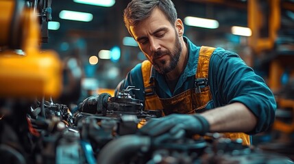 Focused male technician in work overalls repairing machinery components in a well-lit industrial workshop