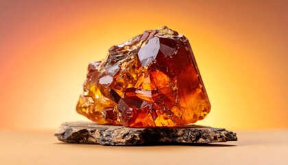 Amber gemstone cluster on wooden base