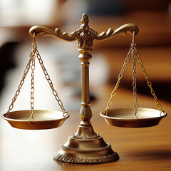 Bronze balance scale sits on wooden table, symbolizing justice and fairness in legal setting. scales are evenly balanced, representing equality and impartiality in decision making