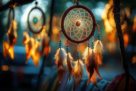 Close-up of a handmade dreamcatcher adorned with beads and fluffy feathers hanging on a branch with warm glowing sunlight in the background and a blurred second dreamcatcher