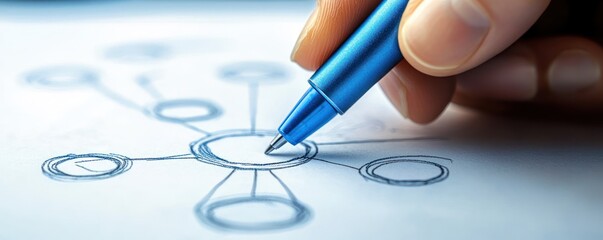 Close-up of a hand holding a blue pen drawing a simple network diagram with interconnected circles on white paper, suggesting planning or brainstorming