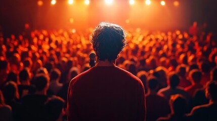 Person standing on stage facing a large audience with bright orange stage lights illuminating the scene, creating a warm and energetic atmosphere