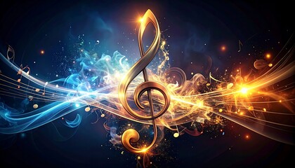 Golden treble clef surrounded by abstract musical notes and light trails