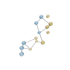 Obraz premium Abstract molecular structure with interconnected blue and yellow spheres and lines isolated on transparent background