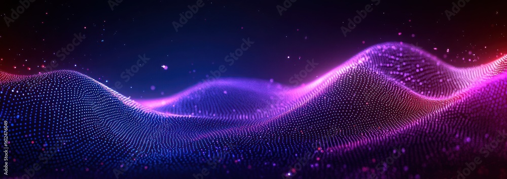 Poster abstract digital waveforms composed of glowing blue and purple dots forming smooth undulating hills 